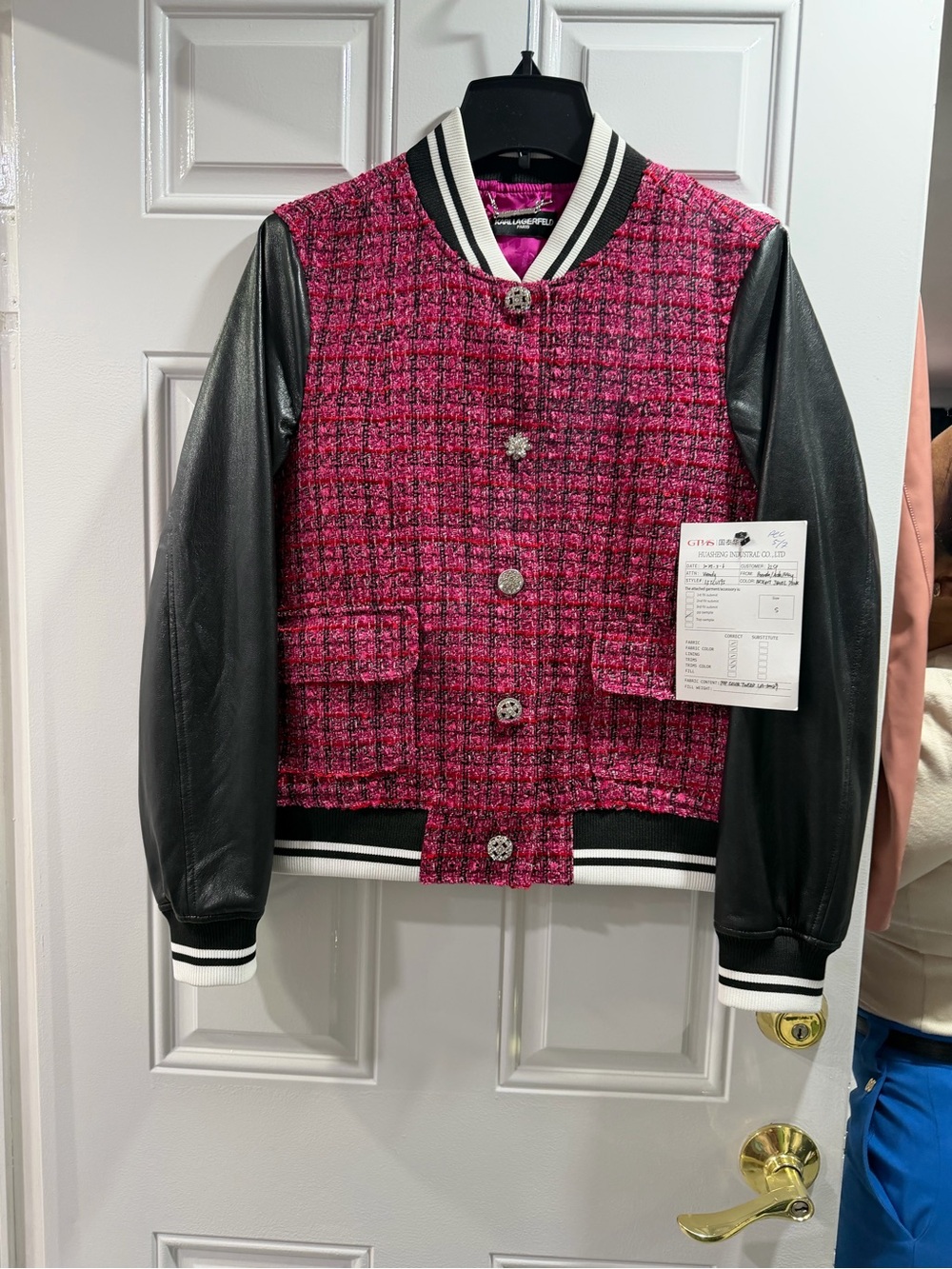Karl Lagerfeld Pink Tweed Varsity Jacket with Black Sleeves
